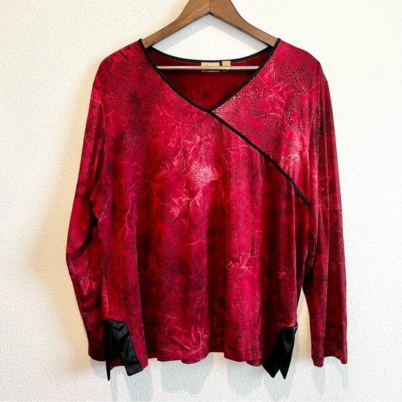 Caslon Red Velvet Top 2X Plus Boho Fairycore Scroll Burnout Witchy Flowy Blouse - Picture 1 of 11